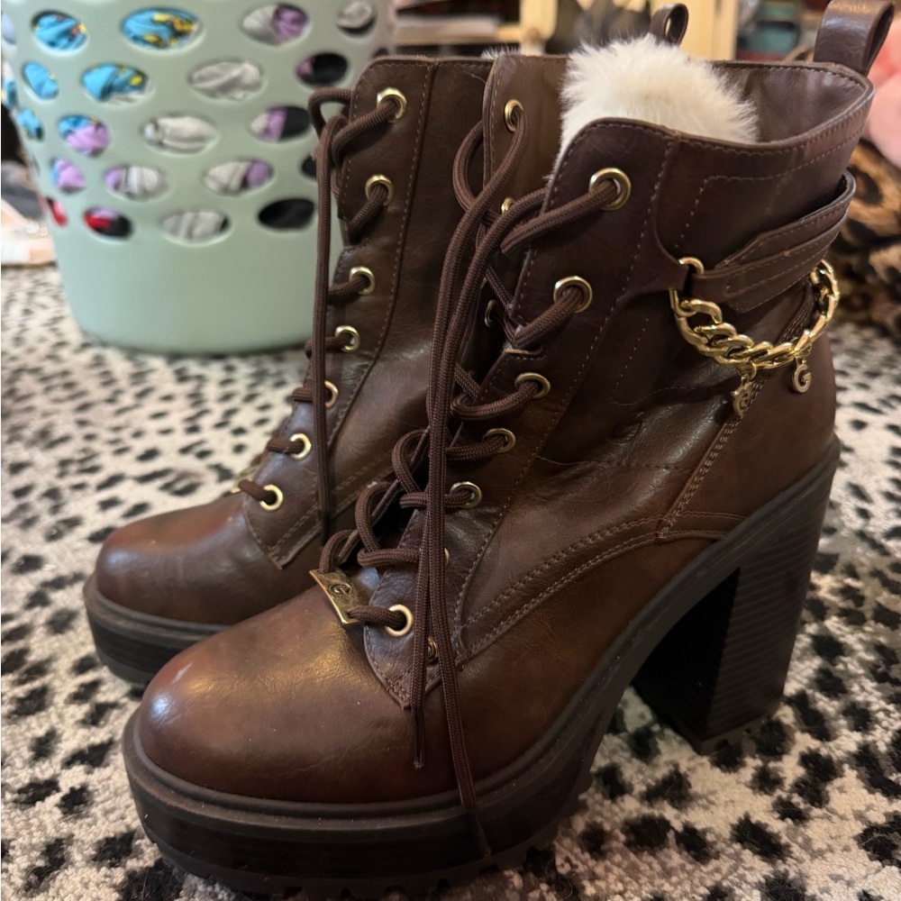 Guess Brown Heeled Boots with Gold Accent